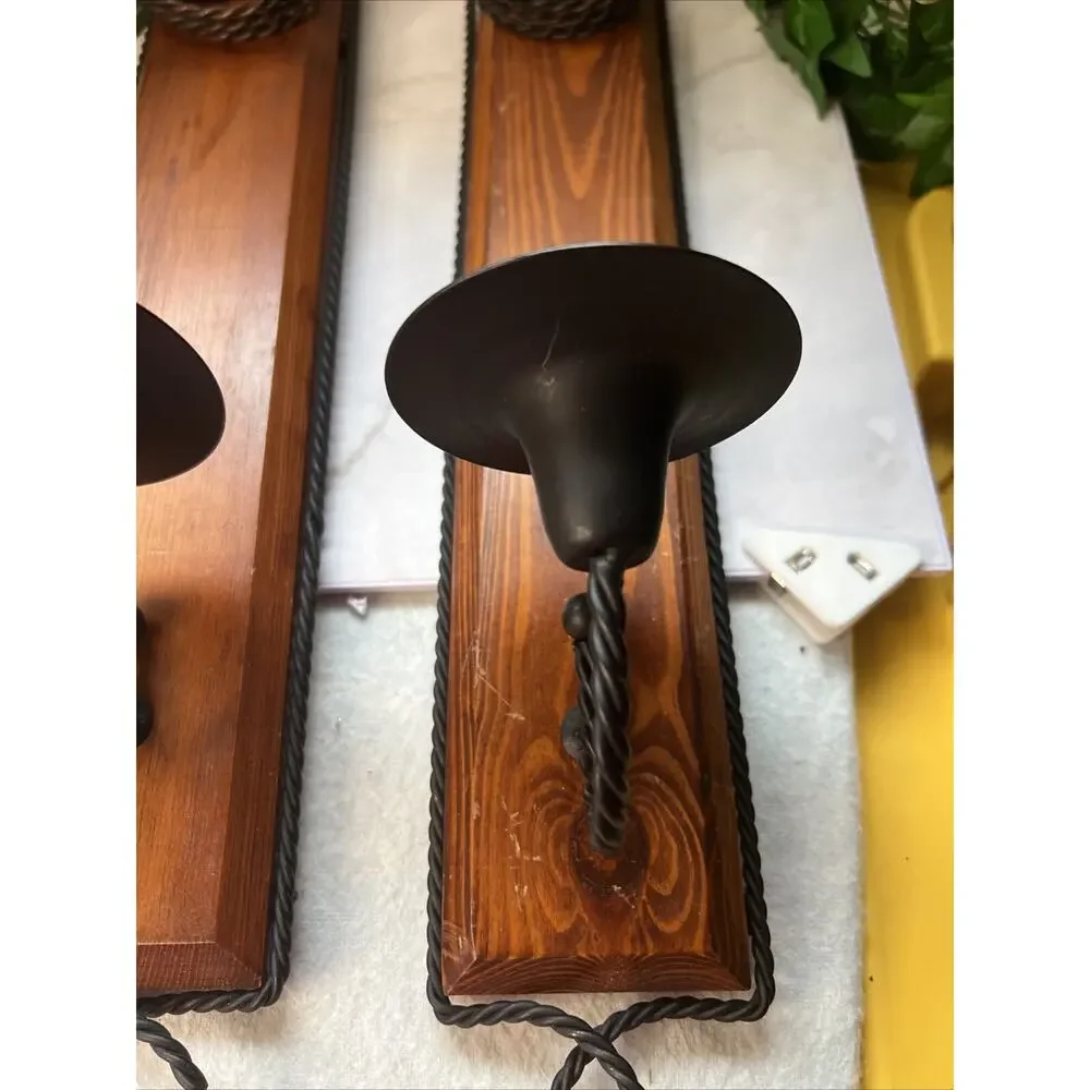 2 Wood Sconces Rustic Farmhouse Black Wrought Iron Twisted Iron Vintage